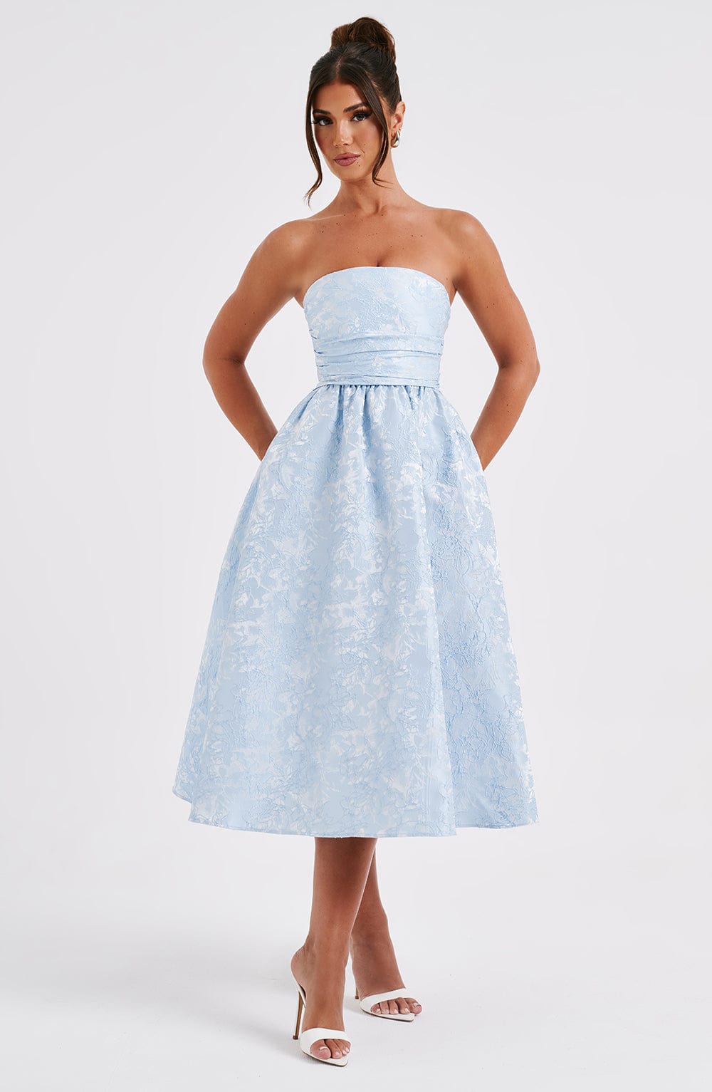 Vestido Midi Azul Jacquard Corsé Sara
