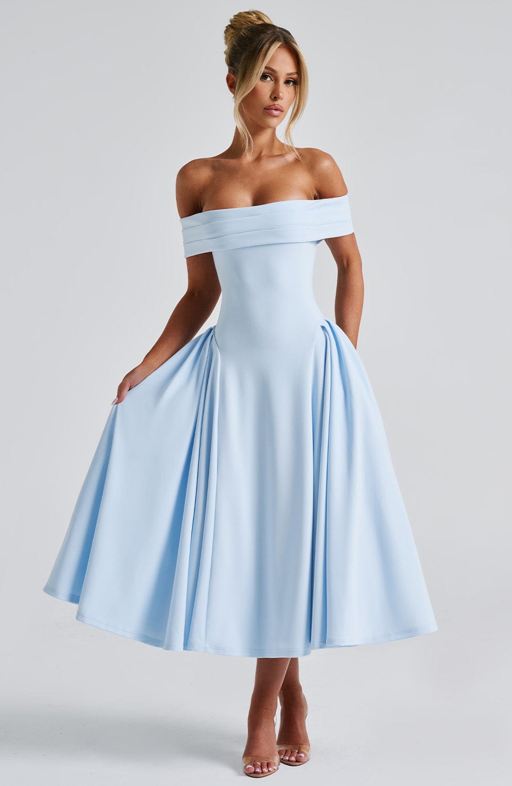Vestido Midi Azul Cielo Bardot Tul Marisa