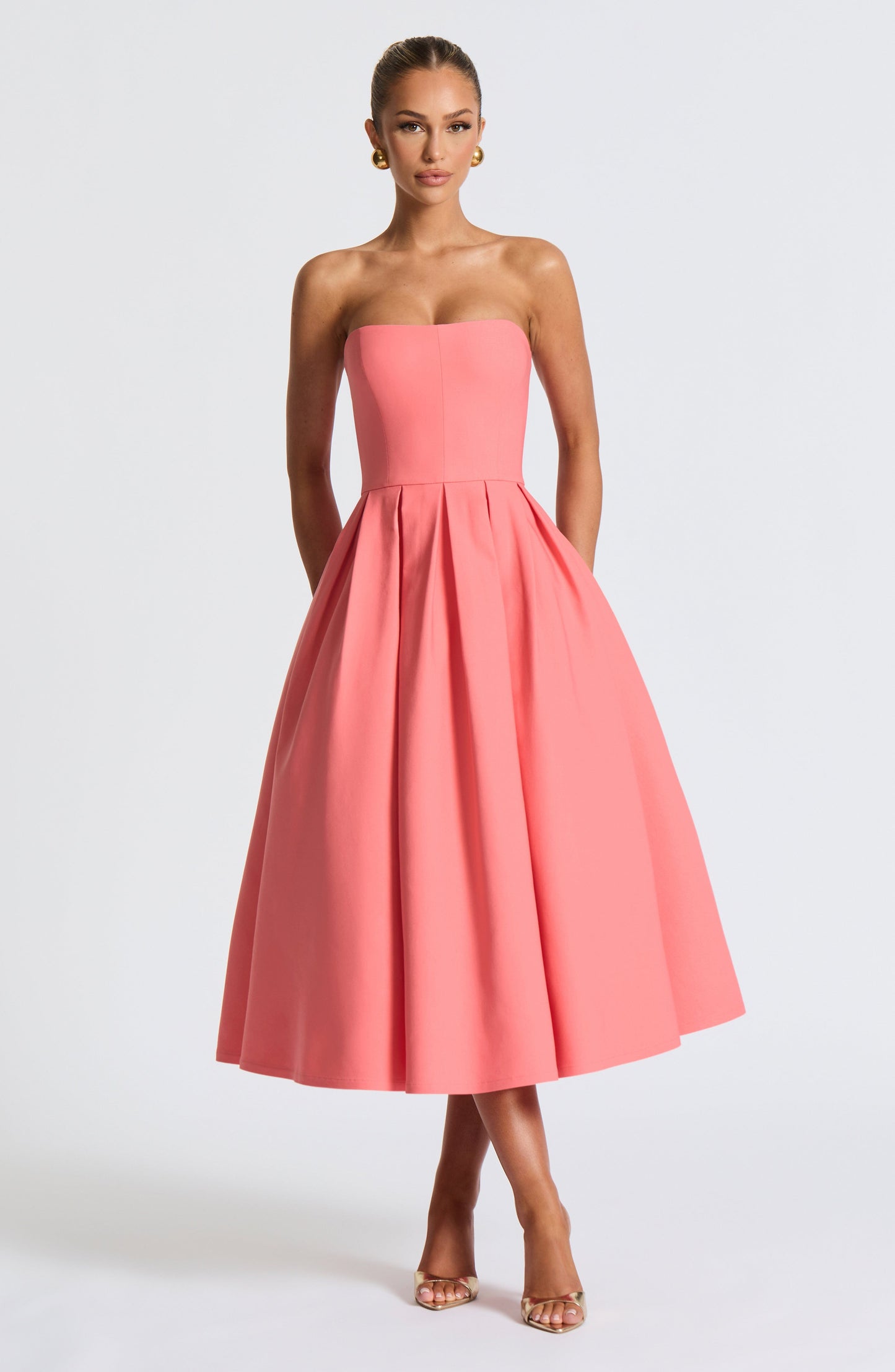 Isalina Strapless Coral Pink Midi Dress