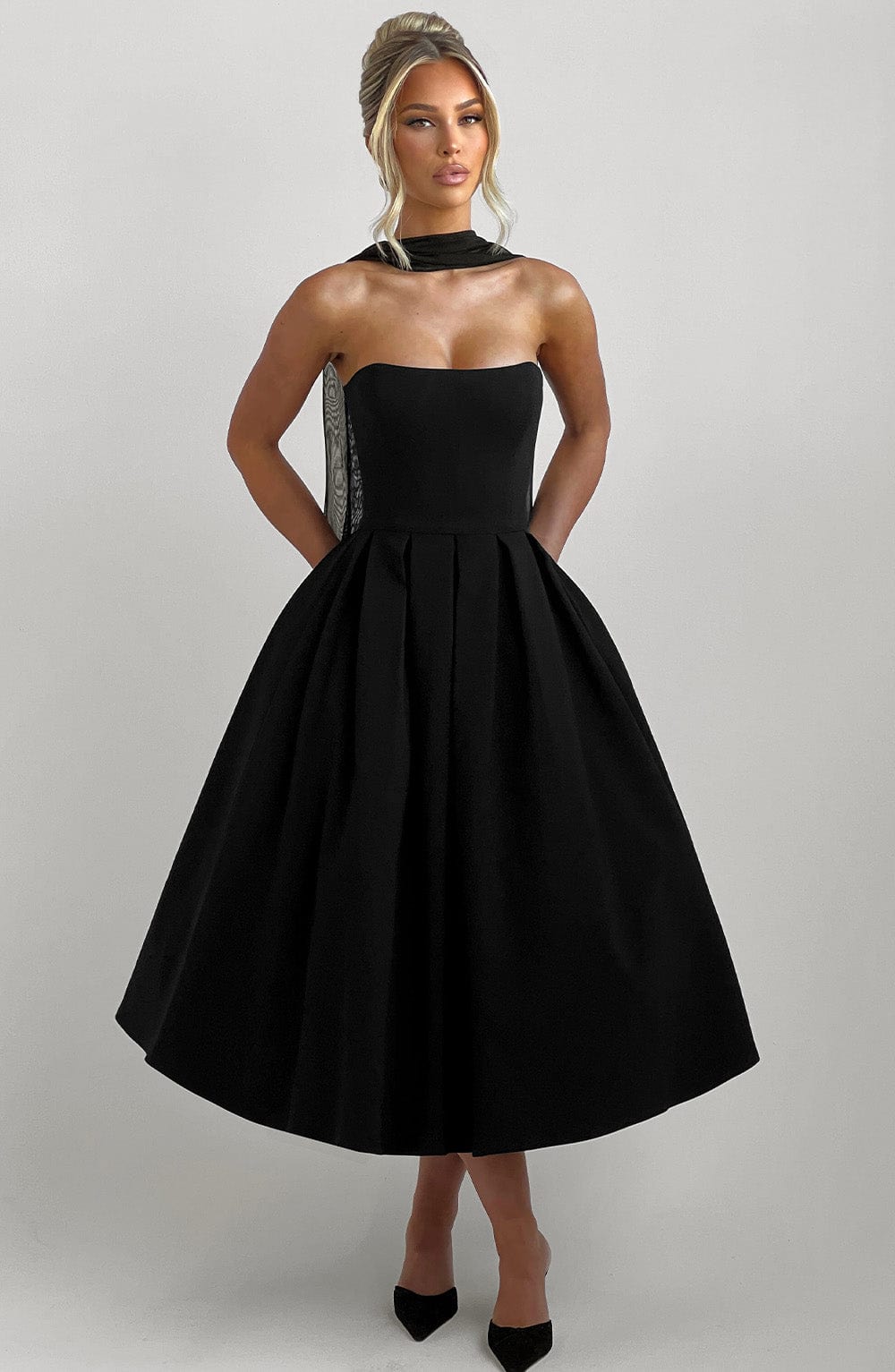 Isalina Strapless Black Midi Dress