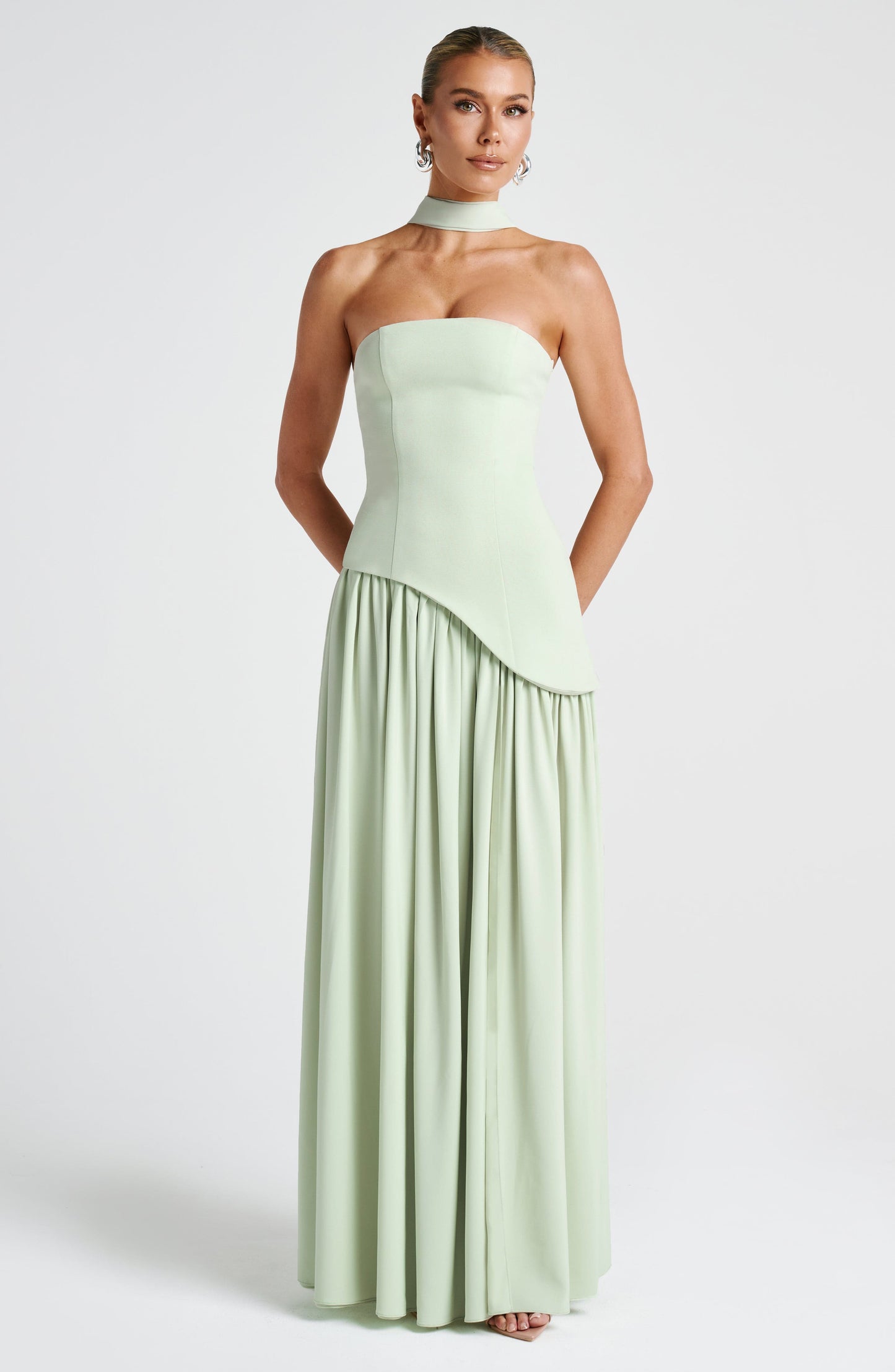 Mint strapless satin maxi dress with high slit
