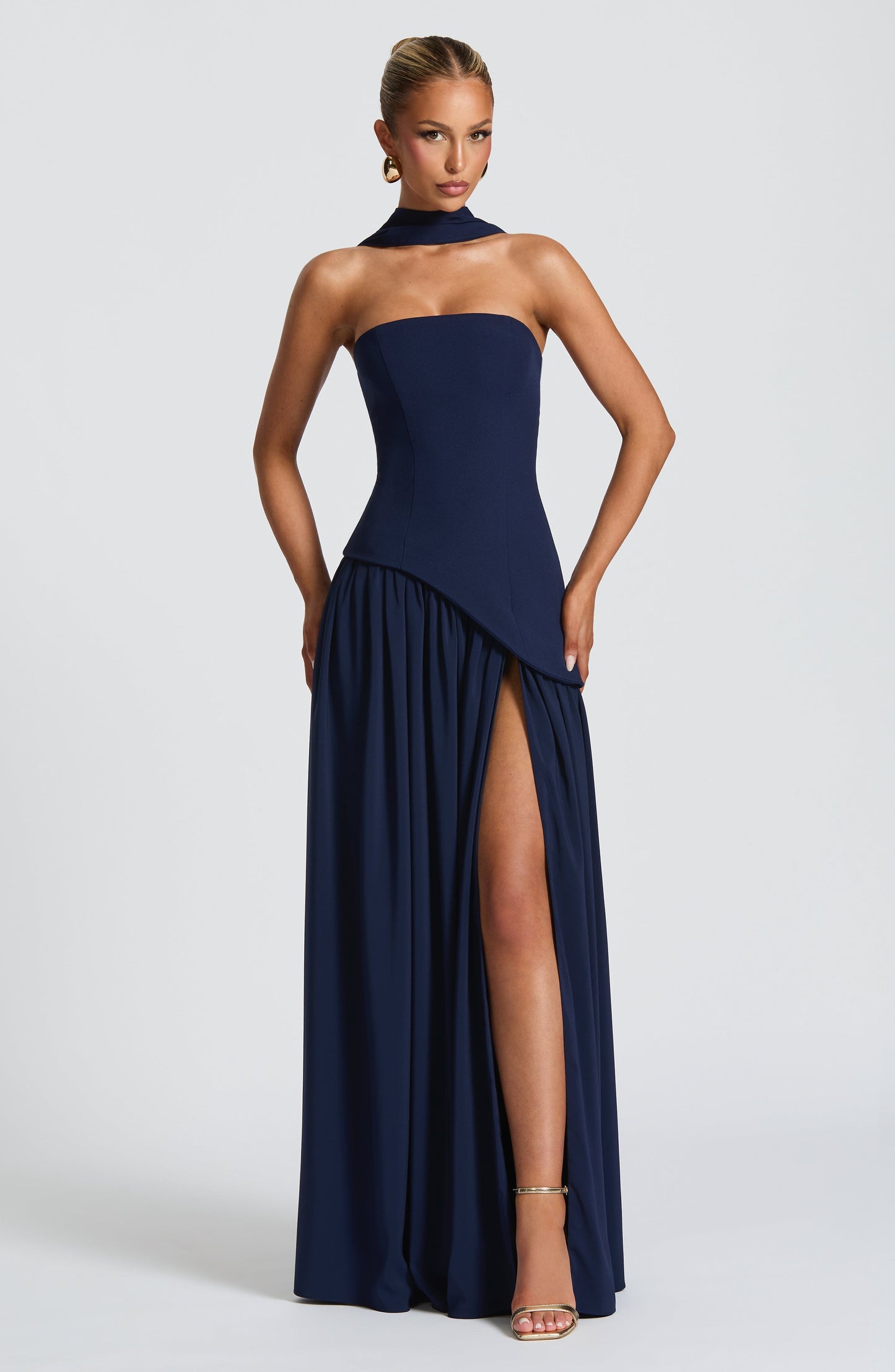 Aurelia Navy Blue Halter Open-Back Evening Maxi Dress