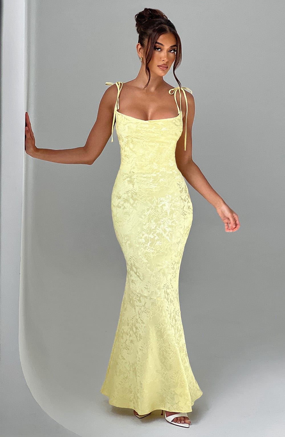 Vestido Maxi Amarillo Jacquard Drapeado Valentina
