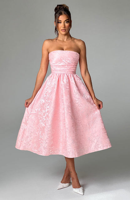 Vestido Midi Rosa Jacquard Corsé Sara