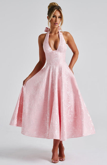 Vestido Midi Rosa Jacquard Halter Lupita