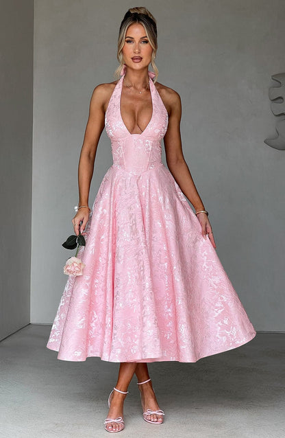 Vestido Midi Rosa Jacquard Halter Lupita