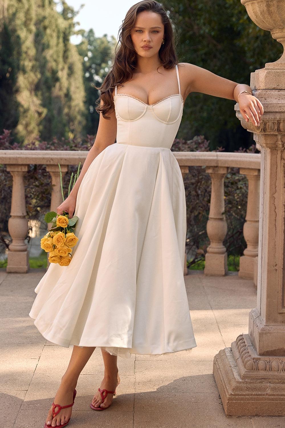 Vestido Midi Blanco Tul Escote Cintia