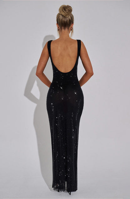 Vestido Maxi Negro Malla Pedrería Paola