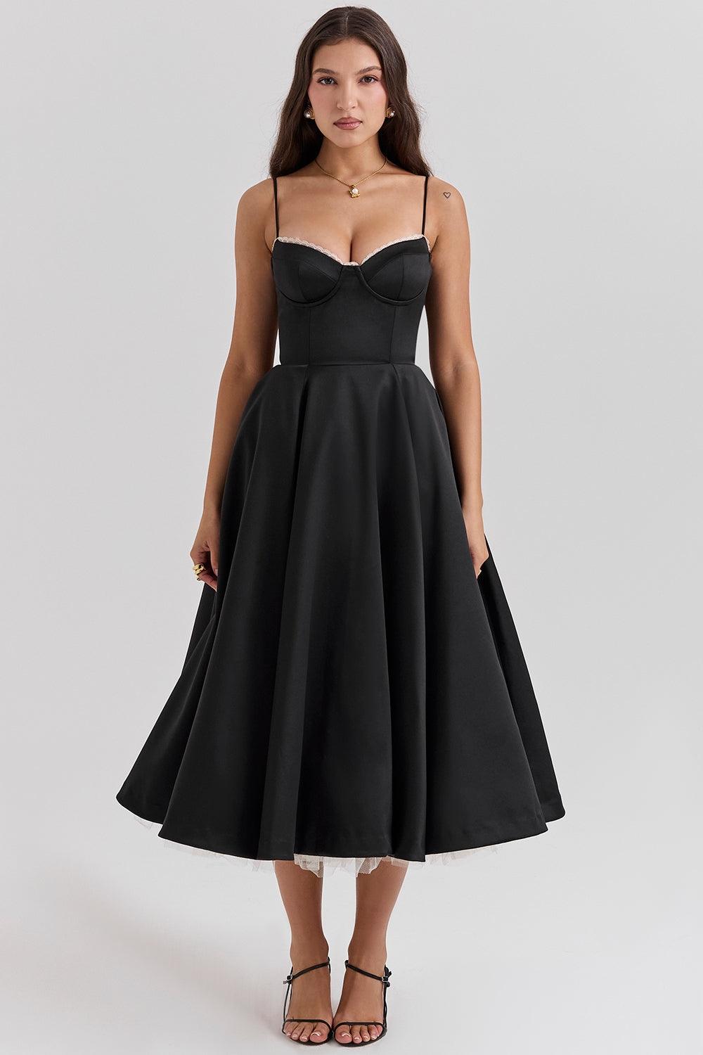 Vestido Midi Negro Tul Escote Cintia