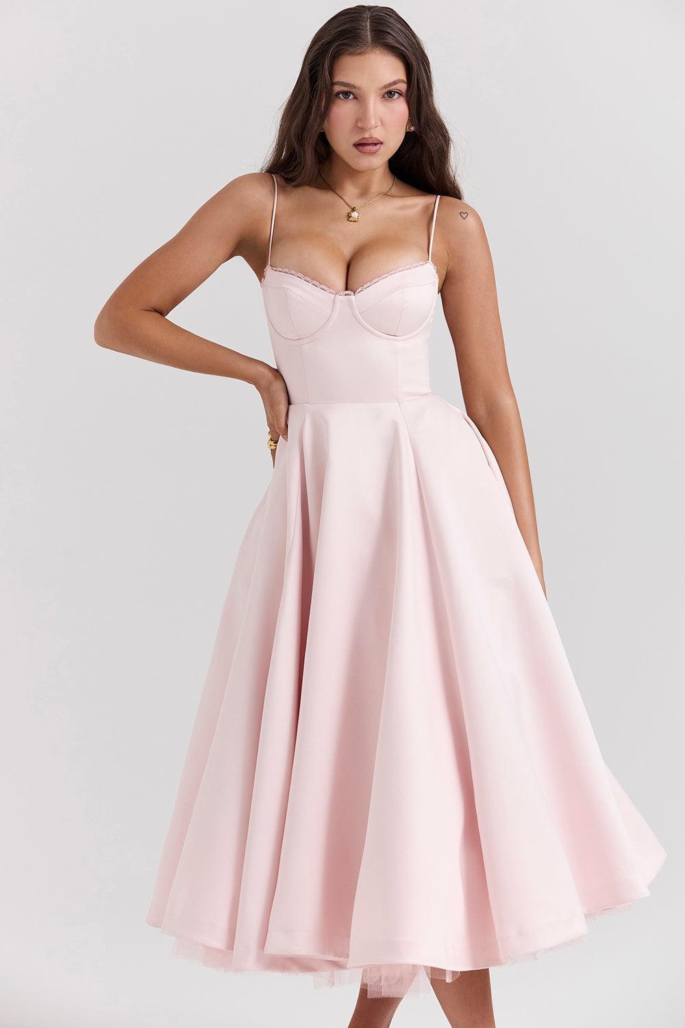 Vestido Midi Rosa Tul Escote Cintia