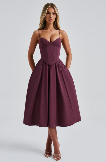 Vestido Midi Vino Voilé Corsé Camila