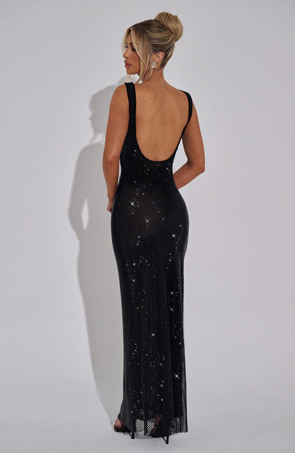 Vestido Maxi Negro Malla Pedrería Paola