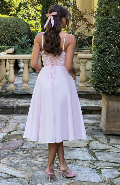 Vestido Midi Rosa Claro Voilé Corsé Camila