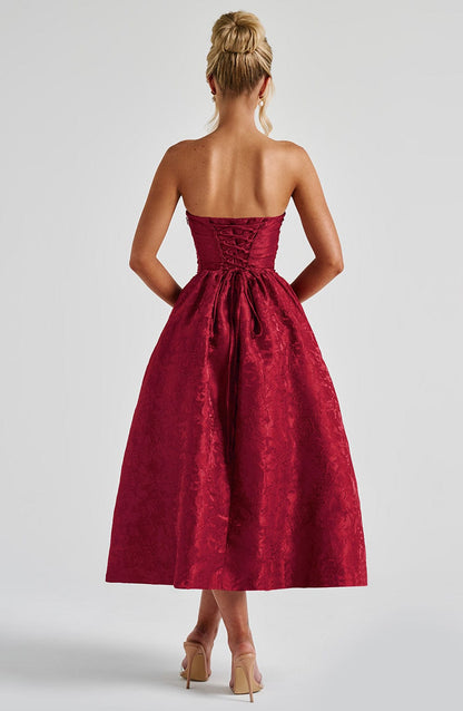 Vestido Midi Rojo Jacquard Corsé Sara