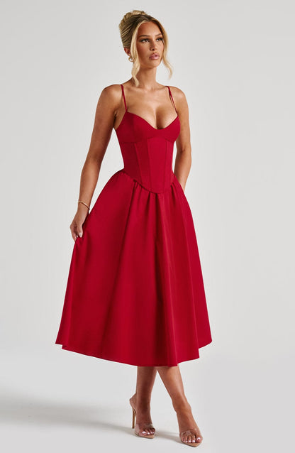 Vestido Midi Rojo Voilé Corsé Camila