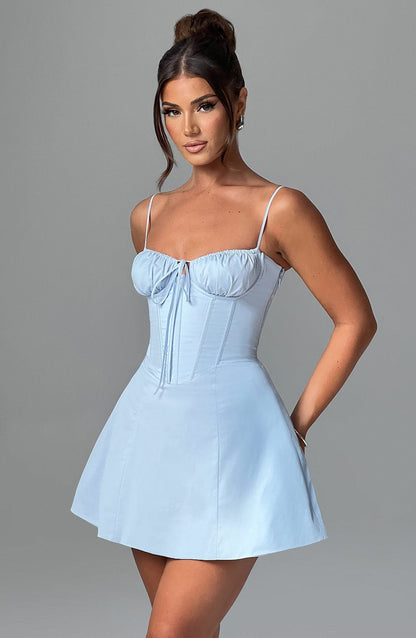 Vestido Mini Azul Claro Algodón Corsé Carmen