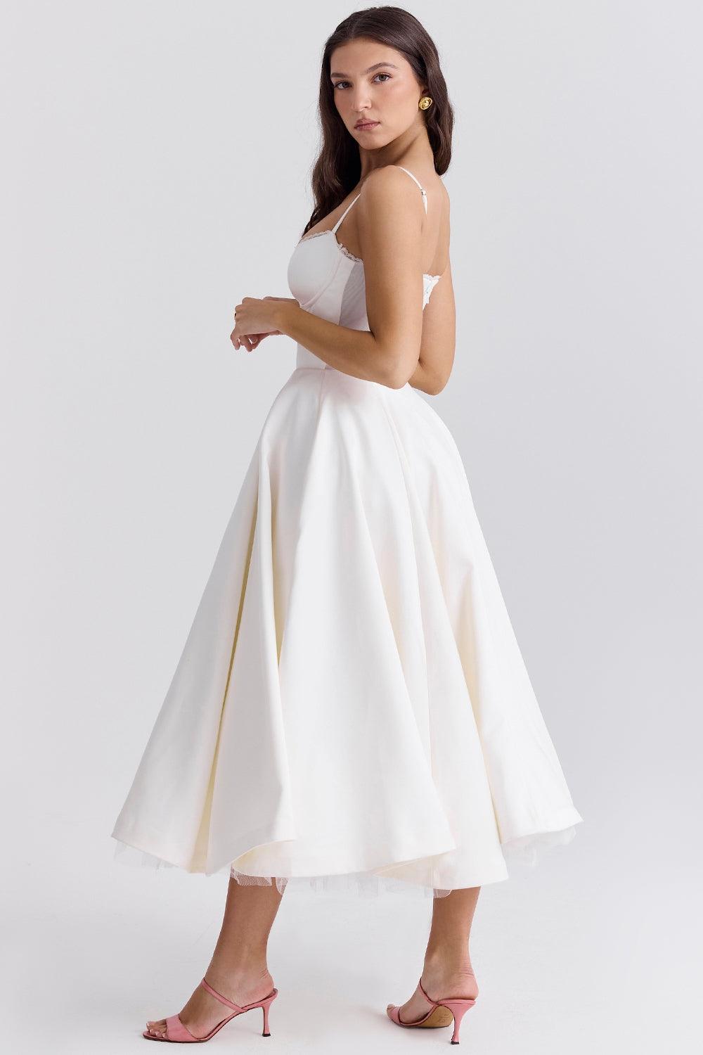Vestido Midi Blanco Tul Escote Cintia