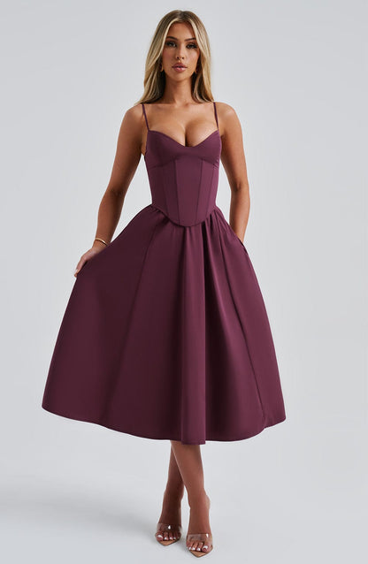 Vestido Midi Vino Voilé Corsé Camila