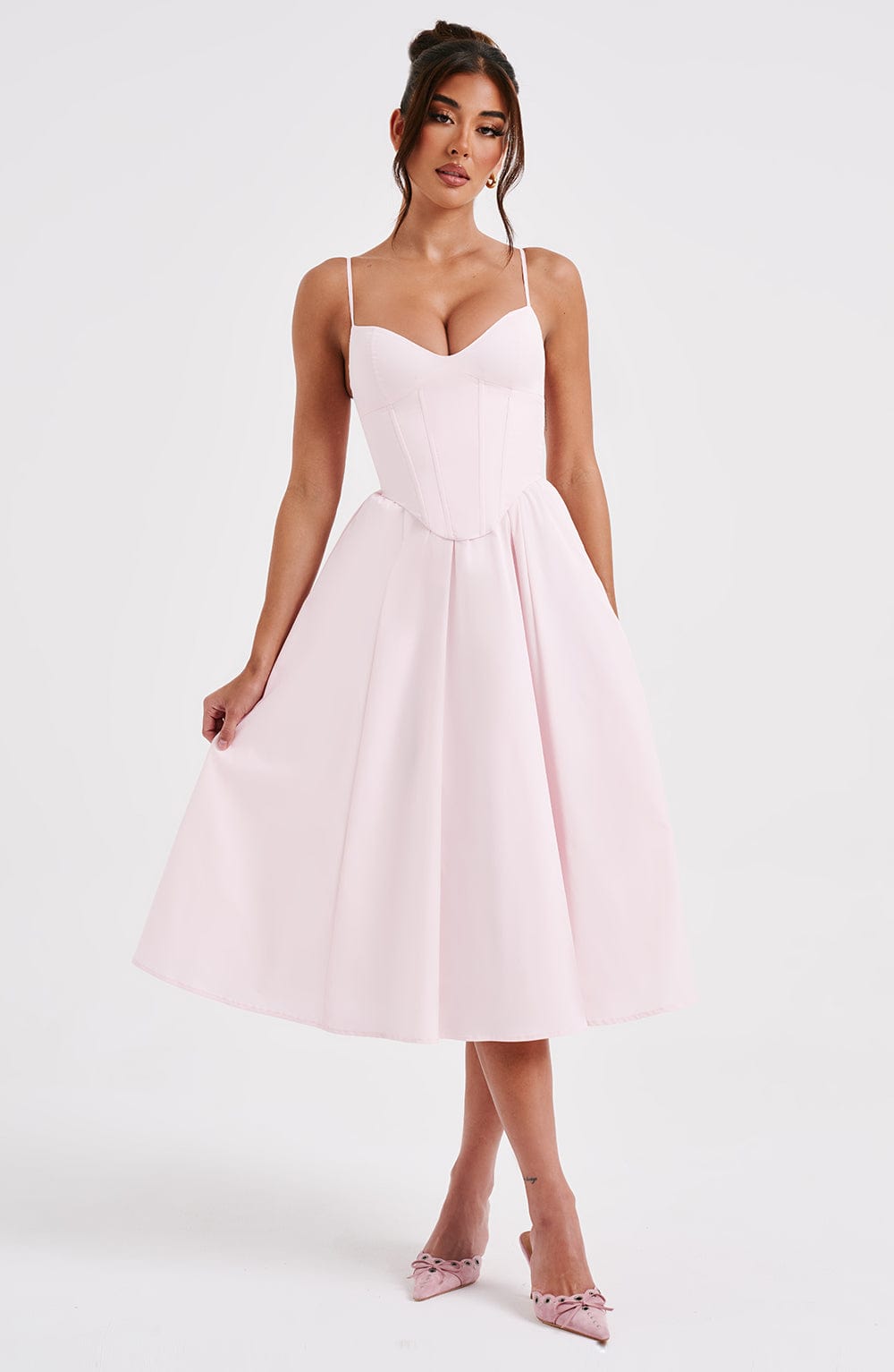Vestido Midi Rosa Claro Voilé Corsé Camila