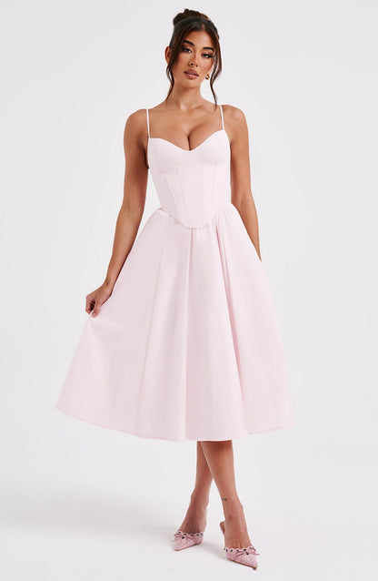 Vestido Midi Rosa Claro Voilé Corsé Camila