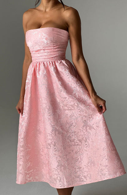 Vestido Midi Rosa Jacquard Corsé Sara