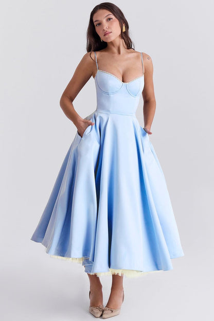 Vestido Midi Azul Tul Escote Cintia
