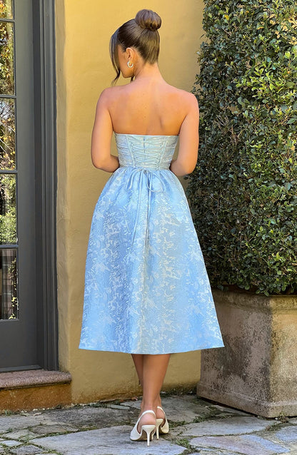 Vestido Midi Azul Jacquard Corsé Sara