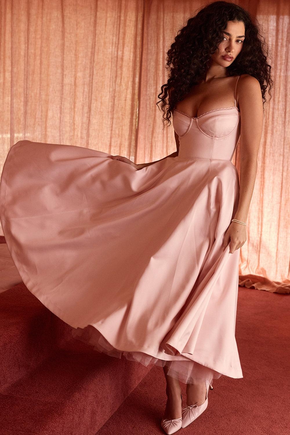 Vestido Midi Rosa Tul Escote Cintia