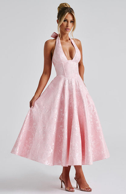 Vestido Midi Rosa Jacquard Halter Lupita