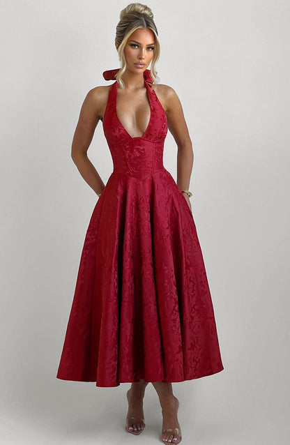 Vestido Midi Rojo Jacquard Halter Lupita