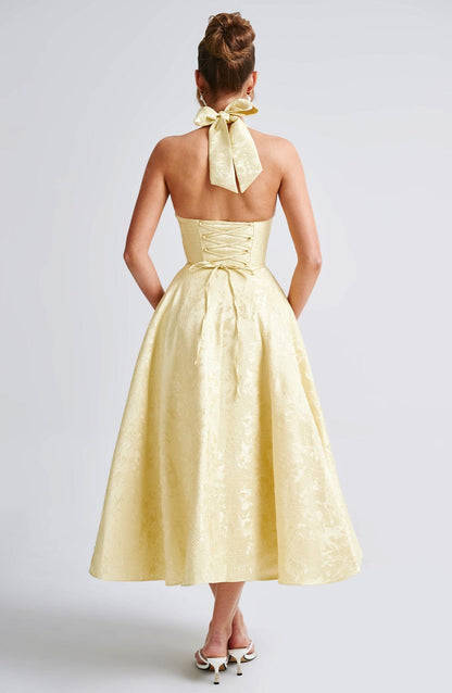 Vestido Midi Amarillo Jacquard Halter Lupita