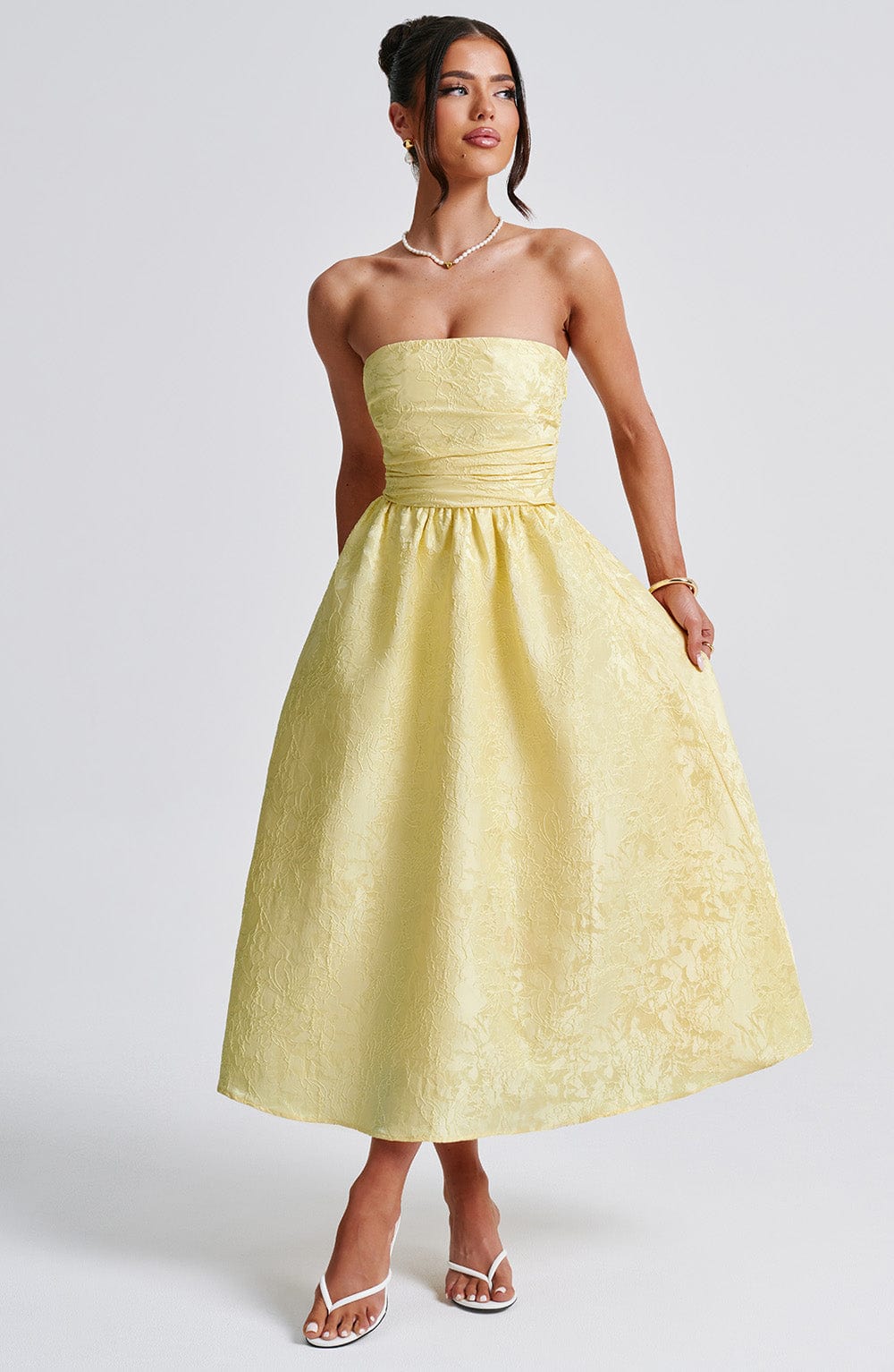 Vestido Midi Amarillo Jacquard Corsé Sara