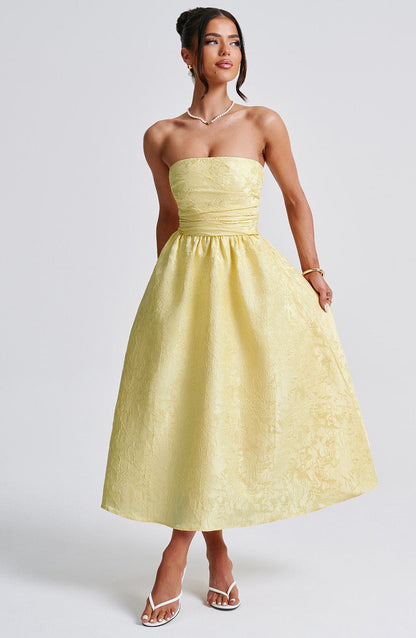 Vestido Midi Amarillo Jacquard Corsé Sara