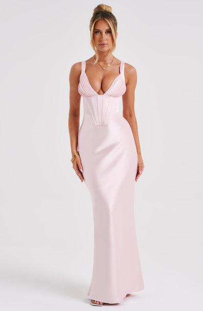 Vestido Maxi Rosa Satén Halter Clara