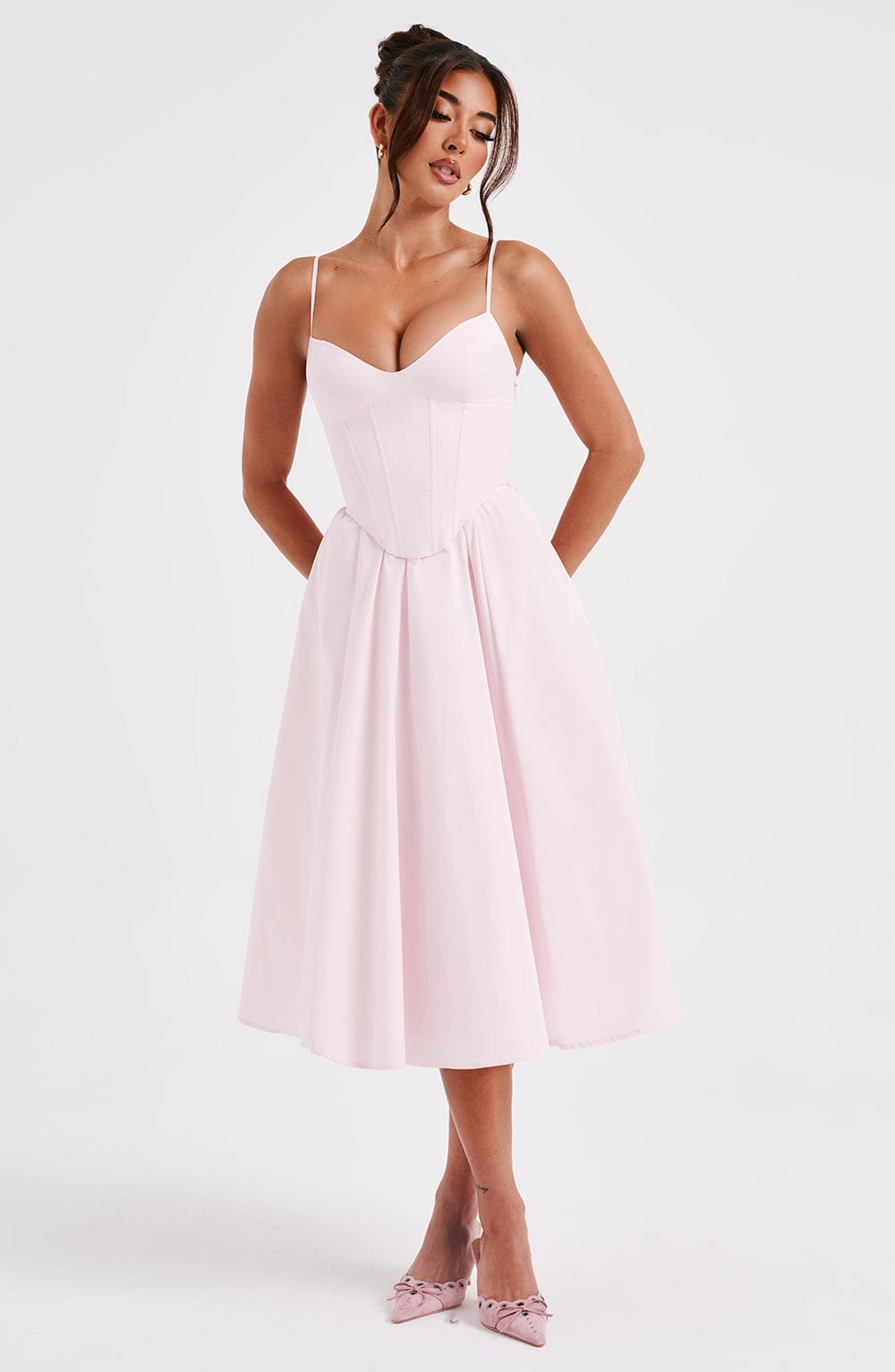 Vestido Midi Rosa Claro Voilé Corsé Camila