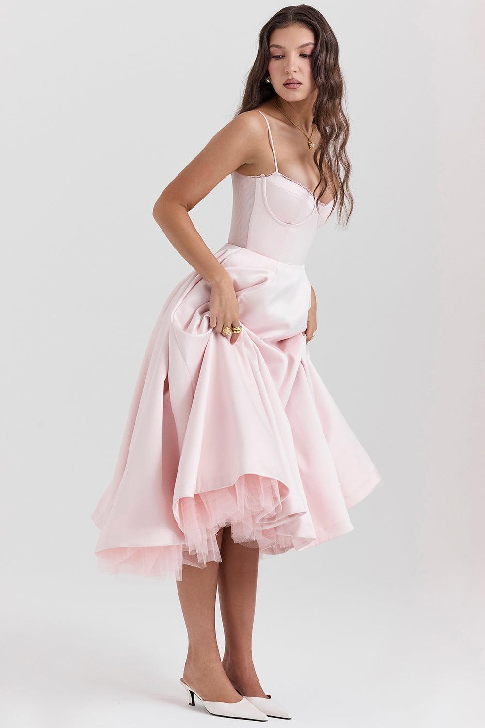 Vestido Midi Rosa Tul Escote Cintia