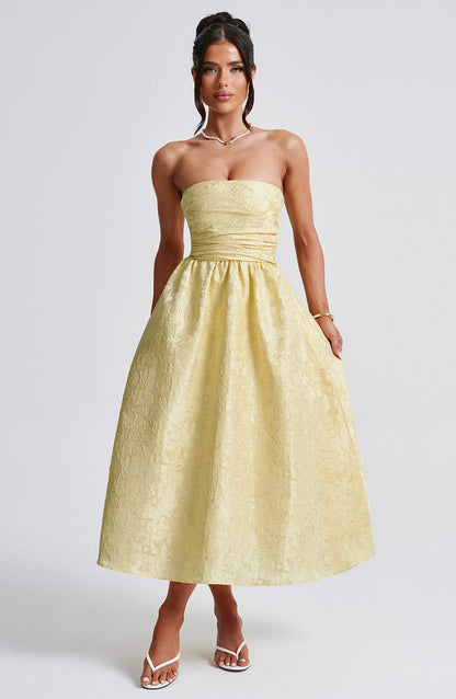Vestido Midi Amarillo Jacquard Corsé Sara