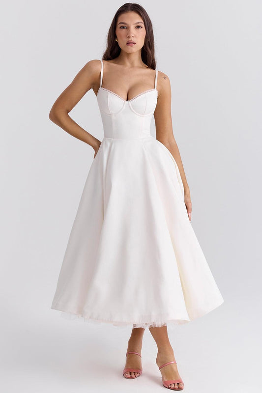 Vestido Midi Blanco Tul Escote Cintia