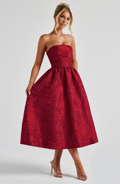 Vestido Midi Rojo Jacquard Corsé Sara