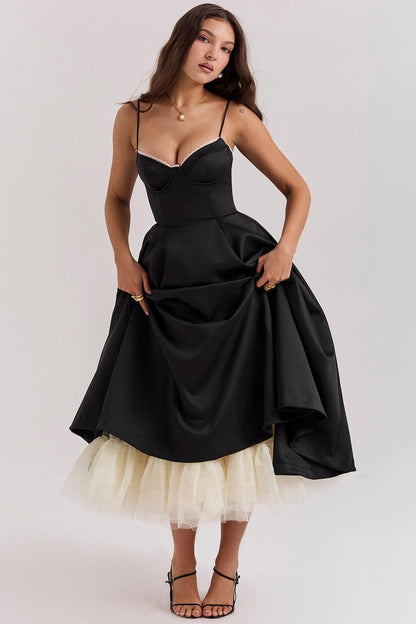 Vestido Midi Negro Tul Escote Cintia