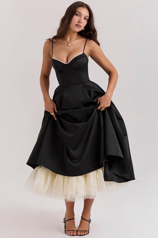 Vestido Midi Negro Tul Escote Cintia