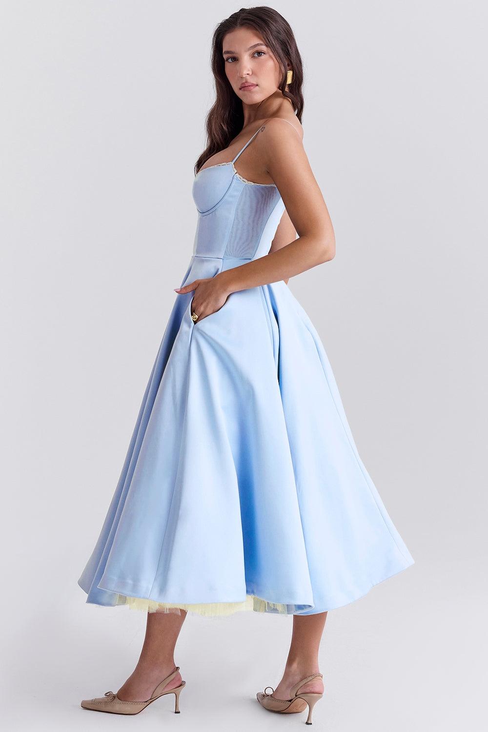 Vestido Midi Azul Tul Escote Cintia