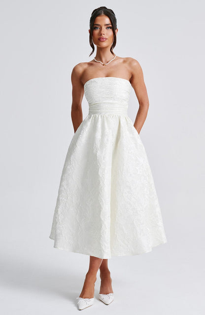 Vestido Midi Marfil Jacquard Corsé Sara