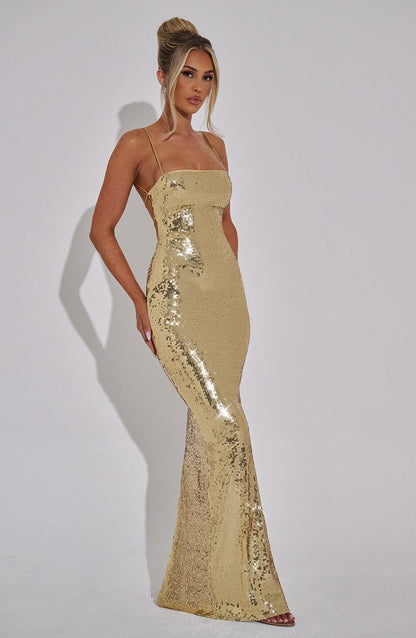 Vestido Largo Dorado Lentejuelas Paula