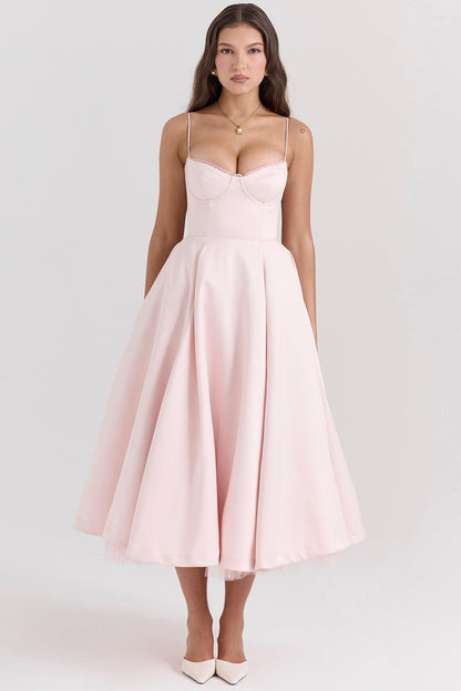 Vestido Midi Rosa Tul Escote Cintia