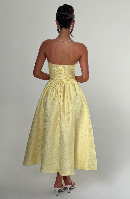 Vestido Midi Amarillo Jacquard Corsé Sara