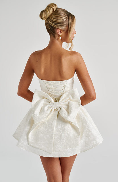 Vestido Mini Marfil Jacquard Lazo Marta