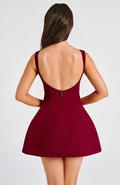 Vestido Corto Rojo Vino Crepé Abullonada Laura