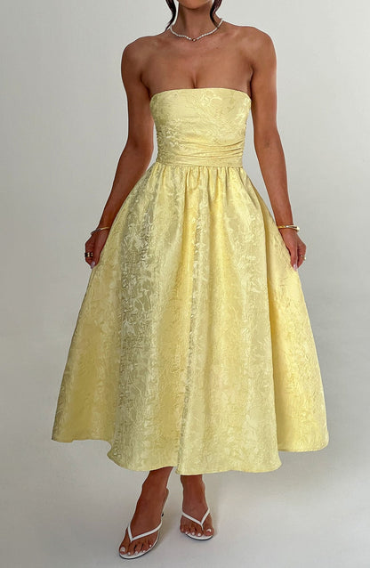 Vestido Midi Amarillo Jacquard Corsé Sara