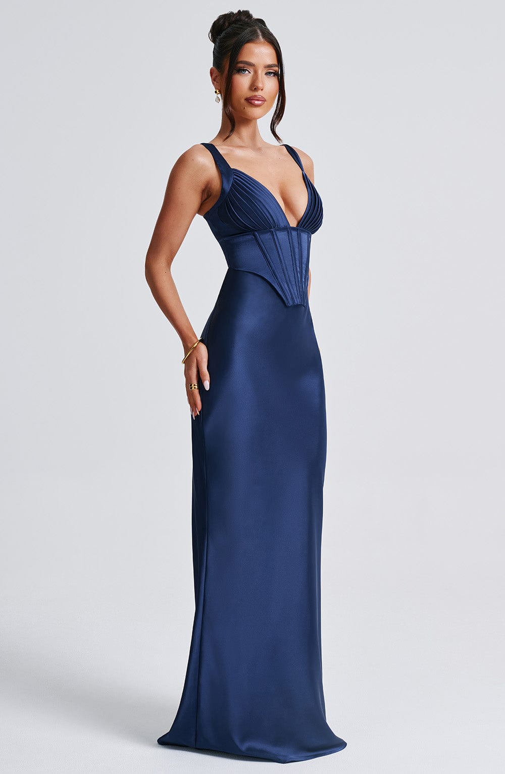 Vestido Maxi Azul Marino Satén Clara